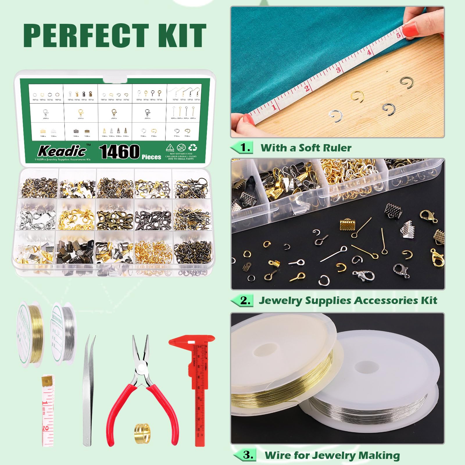 Keadic 1459Pcs Jewelry Findings Starter Kit Includes Jump Rings, Cord Ends, Eye Pin, Lobster Clasps, Earring Hooks, Beading Wires, Flat Nose Pliers for Jewelry Earring Bracket Necklace Making