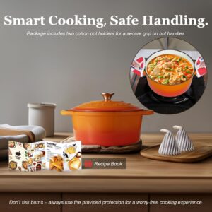 Overmont Enameled Cast Iron Dutch Oven - 5.5QT Pot with Lid Cookbook & Cotton Potholders - Heavy-Duty Cookware for Braising, Stews, Roasting, Bread Baking orange