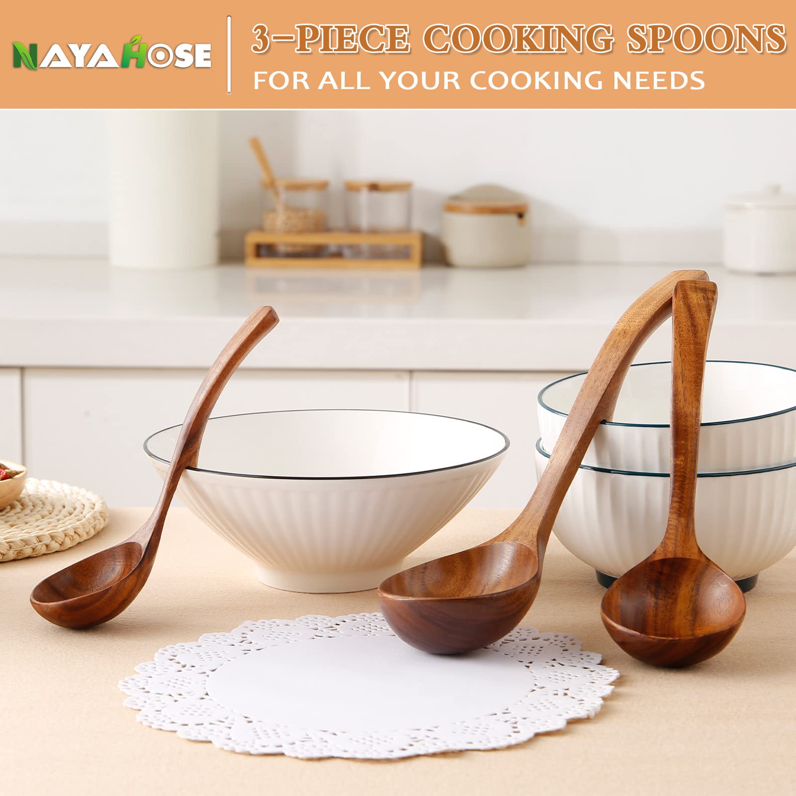 NAYAHOSE Wooden Soup Ladles,Wooden Spoons For Cooking, 3 Pcs Wooden Utensils for Cooking, Wooden Ladle,Natural Teak Wood Cooking Spoons,Kitchen Utensils set