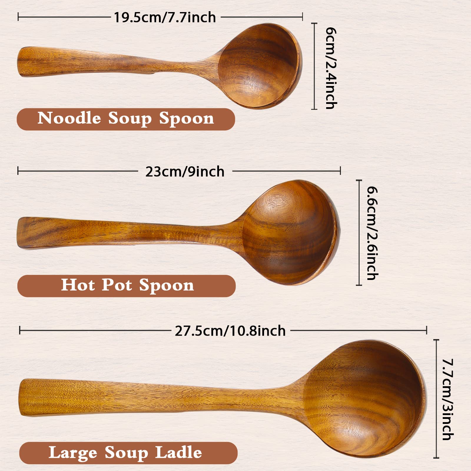 NAYAHOSE Wooden Soup Ladles,Wooden Spoons For Cooking, 3 Pcs Wooden Utensils for Cooking, Wooden Ladle,Natural Teak Wood Cooking Spoons,Kitchen Utensils set