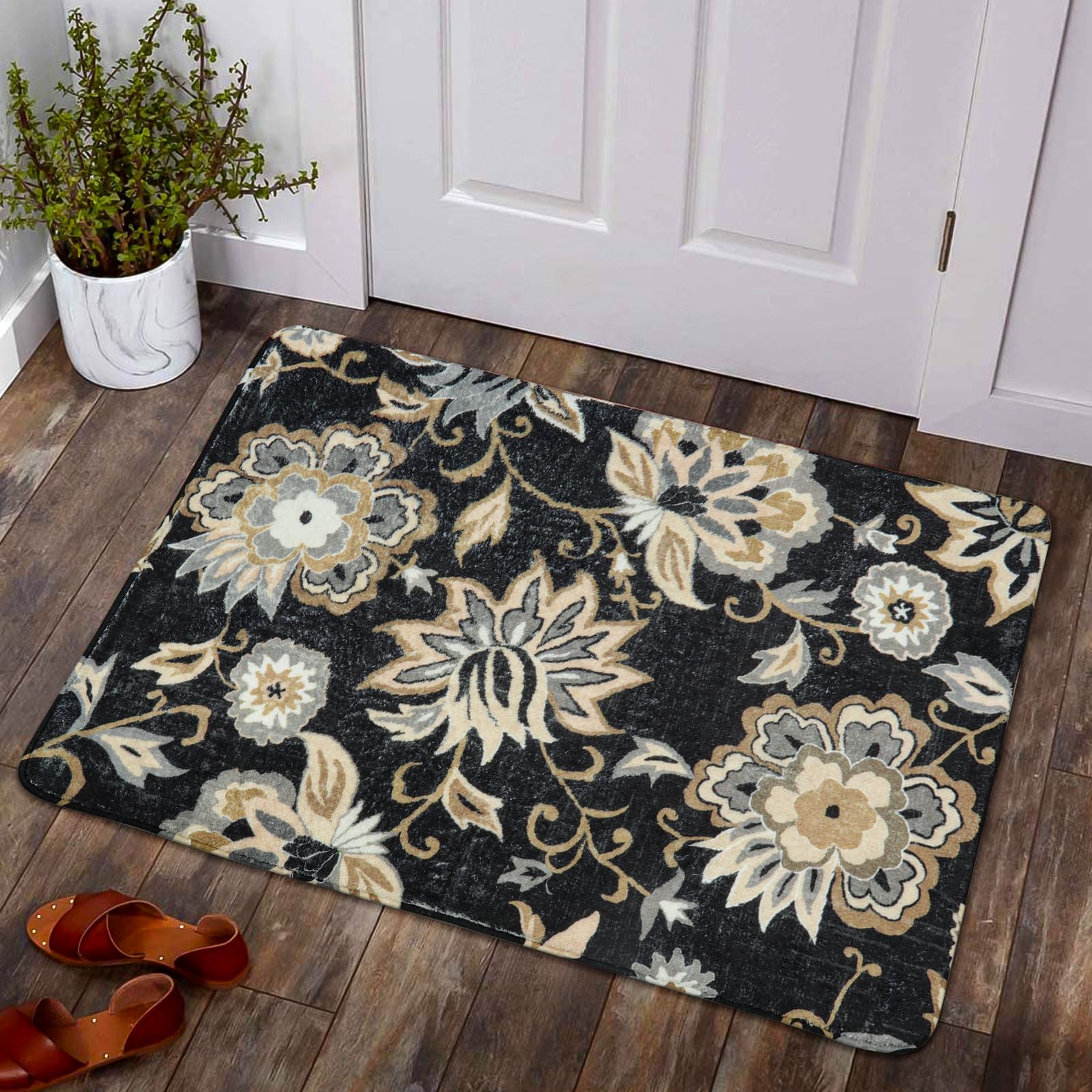 Lahome Floral Washable Area Rugs - 2x3 Non-Slip Small Entryway Rug Indoor, Throw Stain Resistant Kitchen Rugs Soft Black Paisley Print Bathroom Mats DoorMat Carpet for Bedroom Laundry Living Room Sink