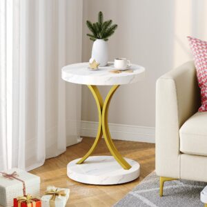 YITAHOME Round End Tables, Modern Gold Round Side Table with Faux Marble Top and Gold Metal Frame, Small End Table Accent Table Nightstand for Living Room Bedroom, Faux Marble White