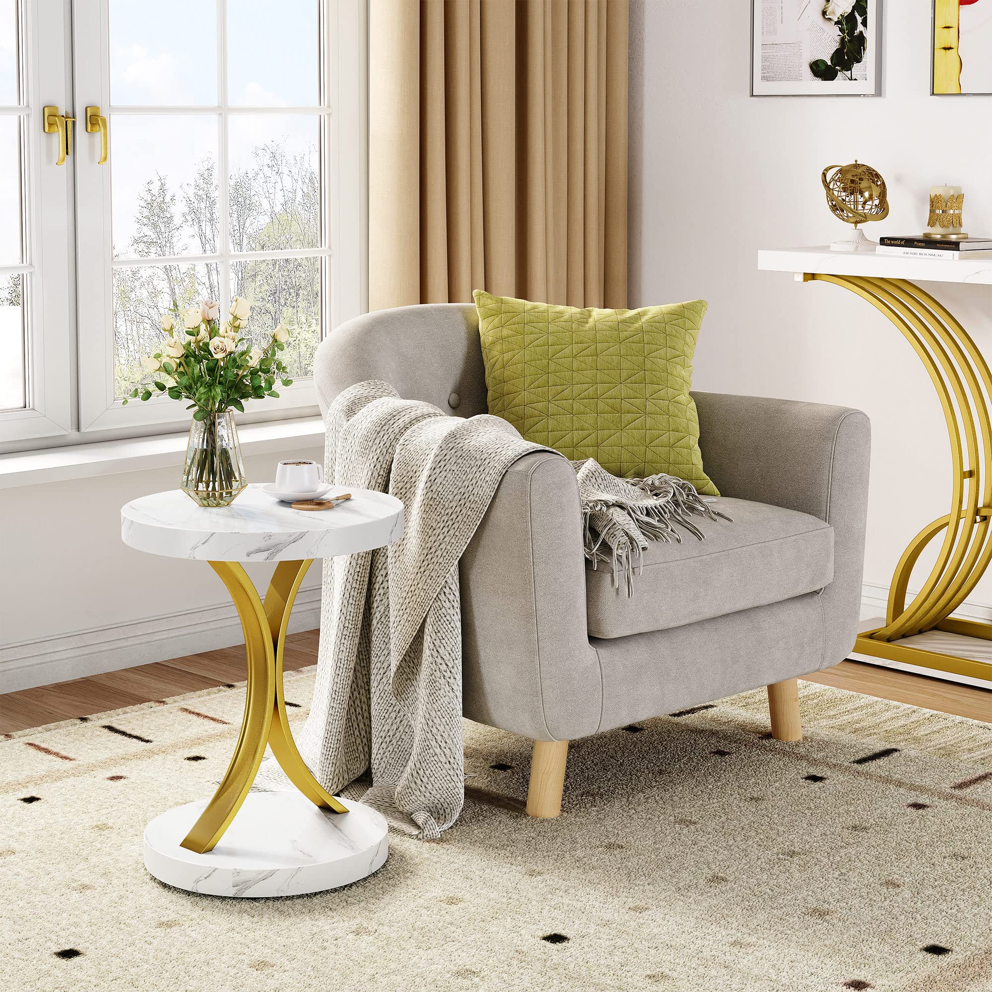 YITAHOME Round End Tables, Modern Gold Round Side Table with Faux Marble Top and Gold Metal Frame, Small End Table Accent Table Nightstand for Living Room Bedroom, Faux Marble White