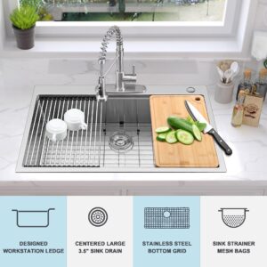 Homikit 33 x22 Inch Drop In Kitchen Sink, 16 Gauge Stainless Steel Topmount Single Bowl Kitchen Sinks with 2-Hole R10 Corner, 10" Deep Large Farmhouse Workstation Sink with Rinse Grid & Strainer Bags