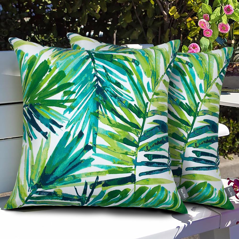 Magpie Fabrics Patio Pillow with Insert 18"x18", Set of 2, Fade-Resistant Outdoor Indoor Cushion Decorative Throw Pillow Decoration for Couch Garden Furniture - Green Palm Leaves