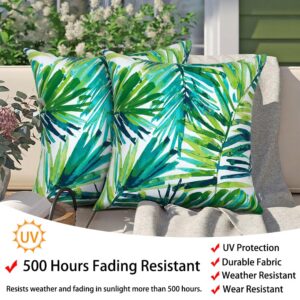 Magpie Fabrics Patio Pillow with Insert 18"x18", Set of 2, Fade-Resistant Outdoor Indoor Cushion Decorative Throw Pillow Decoration for Couch Garden Furniture - Green Palm Leaves