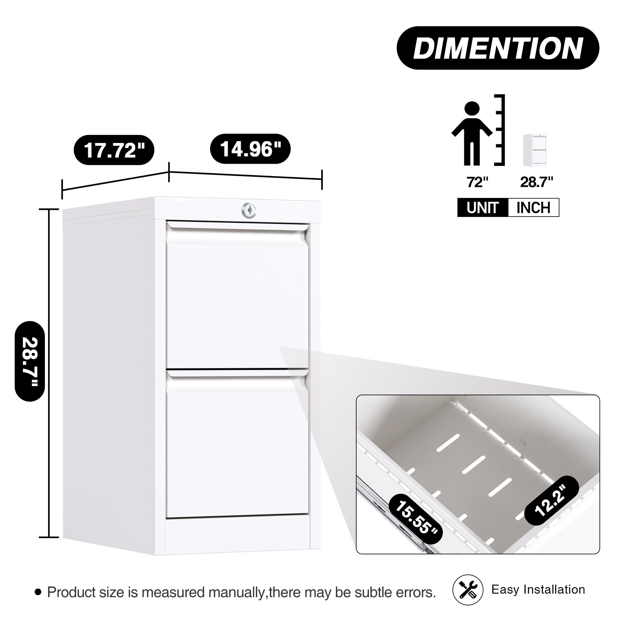 SUXXAN Metal Letter File Cabinets with Lock，2 Drawer Steel Deep Vertical File Cabinet for Legal Size, W14.96”x D17.72”x H28.7”, Assembly Required(White, 2 Drawer)