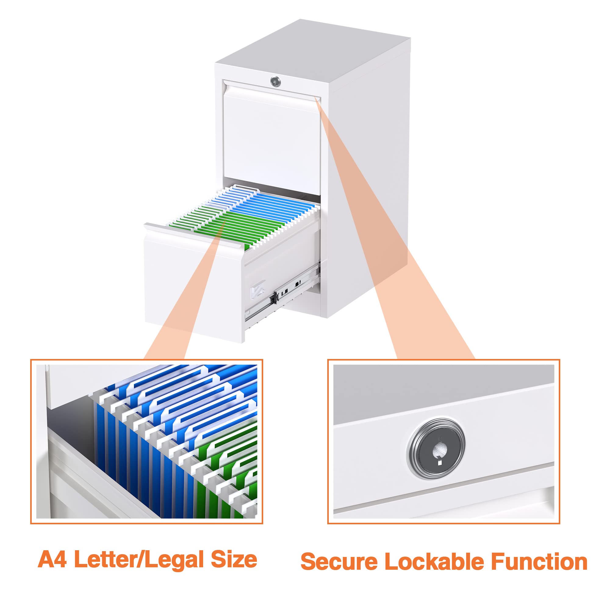 SUXXAN Metal Letter File Cabinets with Lock，2 Drawer Steel Deep Vertical File Cabinet for Legal Size, W14.96”x D17.72”x H28.7”, Assembly Required(White, 2 Drawer)