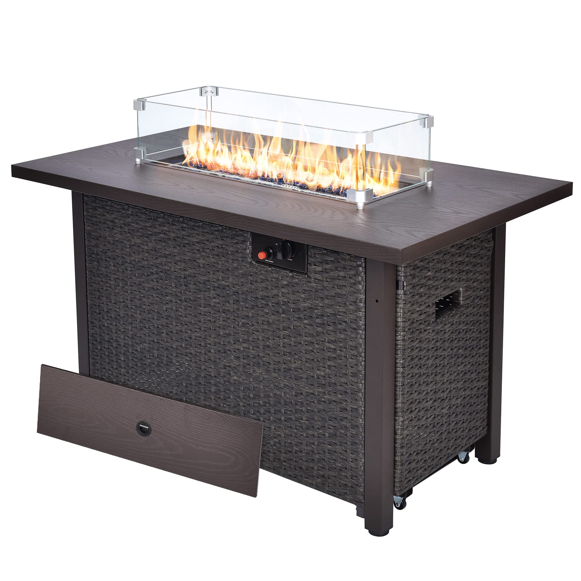 Fire Pit Table 42 Inch Outdoor Propane Gas Fire Pit for Outside 50,000 BTU Auto-Ignition Gas Firepit Outdoor Rattan Table with Glass Wind Guard and Cover