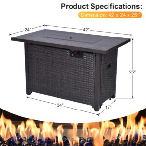 Fire Pit Table 42 Inch Outdoor Propane Gas Fire Pit for Outside 50,000 BTU Auto-Ignition Gas Firepit Outdoor Rattan Table with Glass Wind Guard and Cover