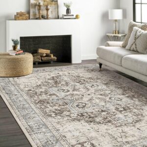 Area Rug Living Room Rugs - 8x10 Washable Boho Rug Vintage Oriental Distressed Farmhouse Large Thin Indoor Carpet for Living Room Bedroom Under Dining Table Home Office - Brown Blue