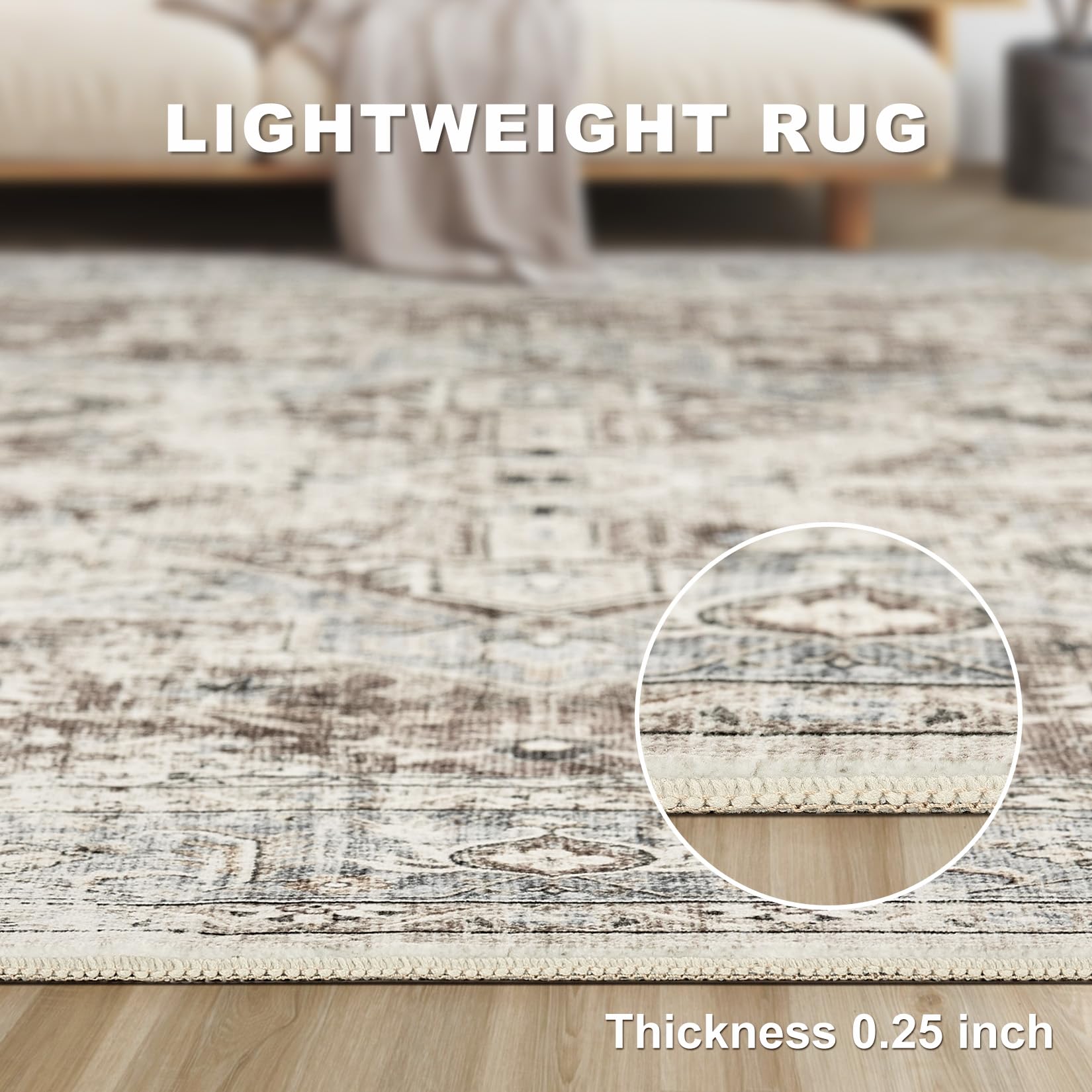 Area Rug Living Room Rugs - 8x10 Washable Boho Rug Vintage Oriental Distressed Farmhouse Large Thin Indoor Carpet for Living Room Bedroom Under Dining Table Home Office - Brown Blue