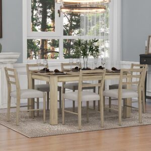 LUMISOL 7 Piece Kitchen Dining Set with Extendable Table with Storage Drawers and Upholstered Chairs Farmhouse Rustic Dining Room Table Set