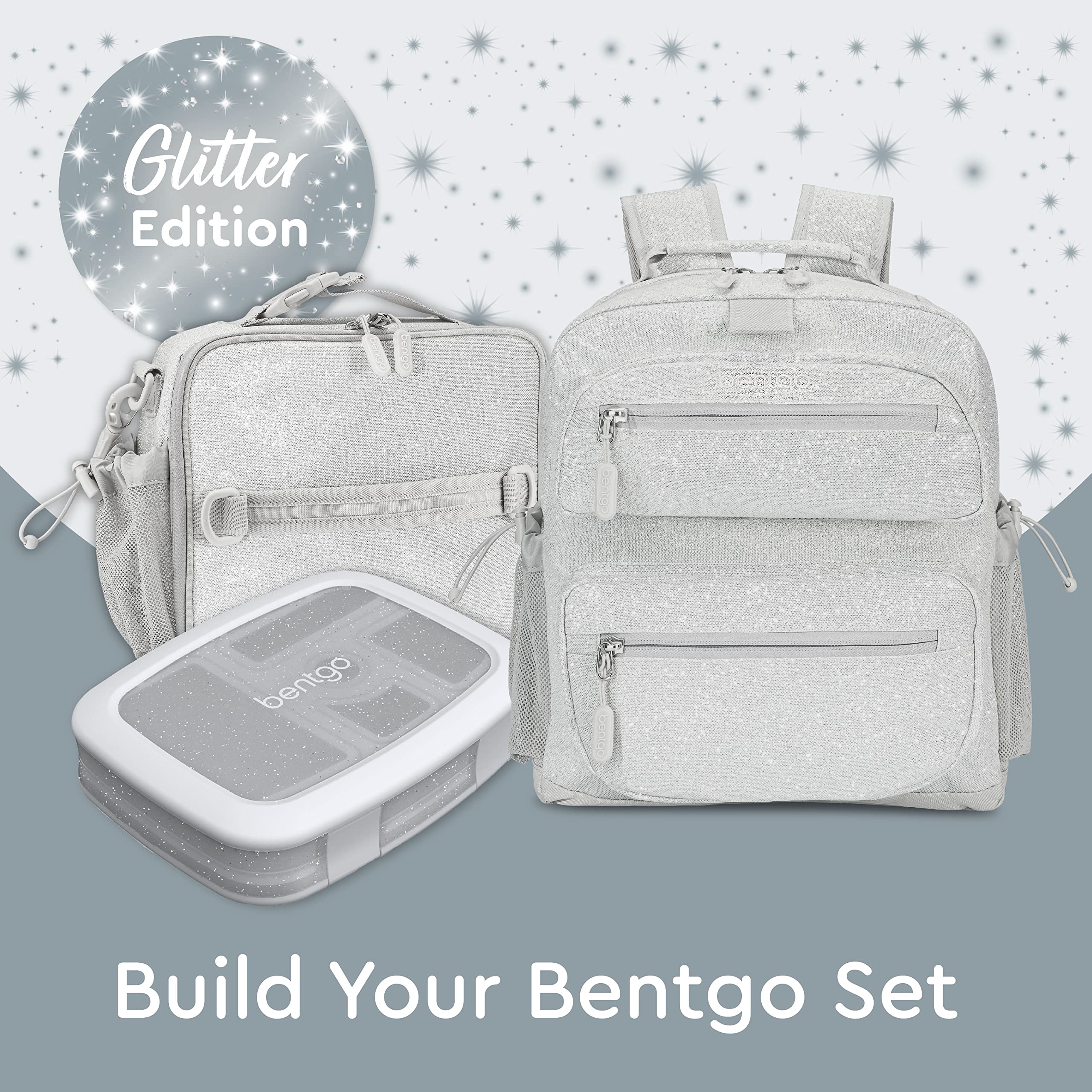 Bentgo® Kids Glitter Backpack - Lightweight 14” Backpack for School, Travel & Daycare, Ideal for Ages 4+, Durable & Water-Resistant, Roomy Interior, & Loop for Lunch Bag (Glitter Edition - Silver)