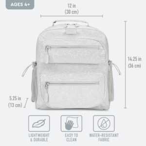 Bentgo® Kids Glitter Backpack - Lightweight 14” Backpack for School, Travel & Daycare, Ideal for Ages 4+, Durable & Water-Resistant, Roomy Interior, & Loop for Lunch Bag (Glitter Edition - Silver)