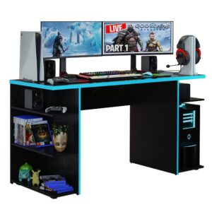 madesa gaming computer desk with 5 shelves, cable management and large monitor stand, wood, 24" d x 53" w x 29" h - black/blue