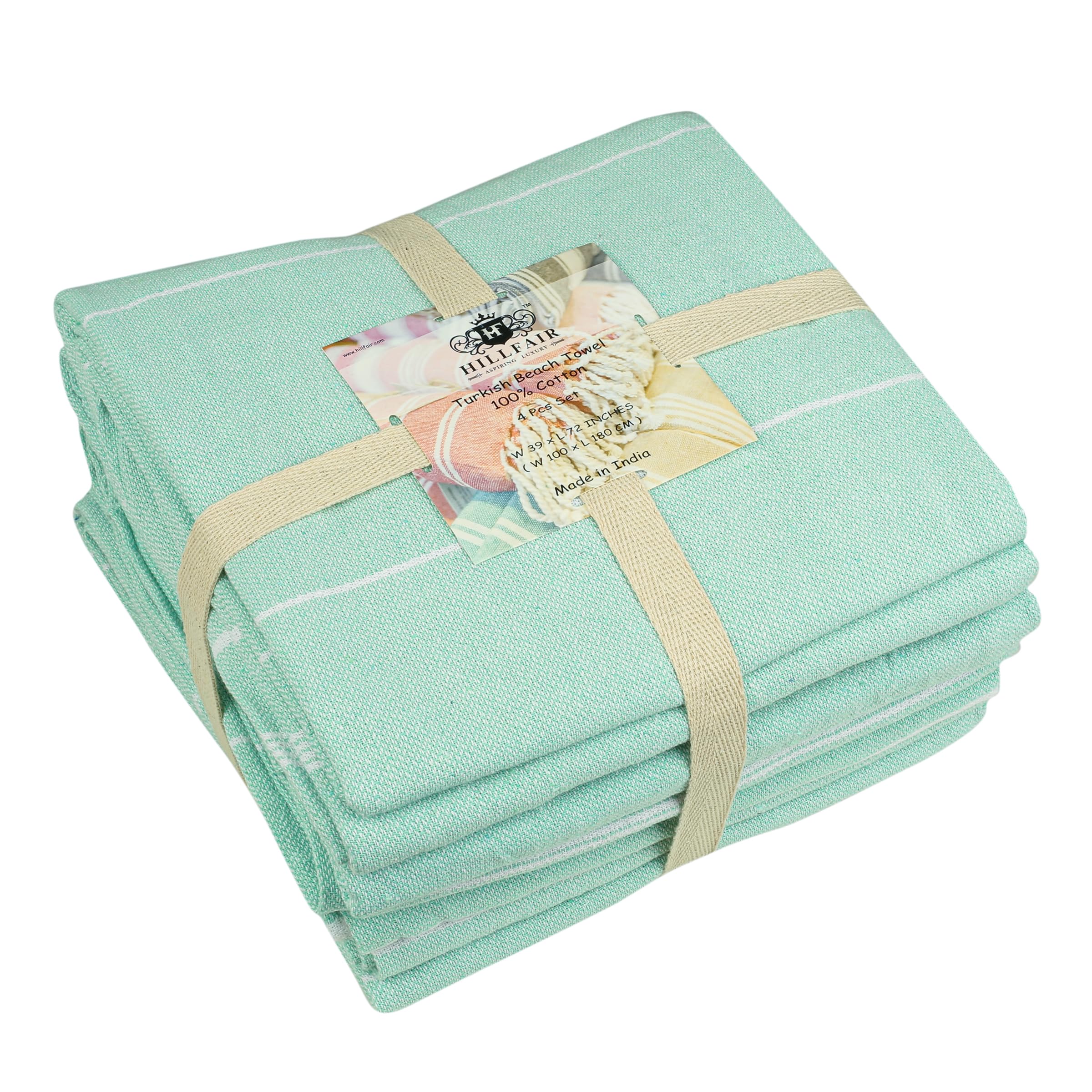 HILLFAIR 100% Cotton Turkish Beach Towels- Hammam Turkish Towel- 39 x 72 XXL Oversized Beach Towels for Adults- Light Sand Free Beach Bath Towels- Clearance Gifts Beach Accessories-Set of 4-MINT