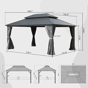 Domi Hardtop Gazebos 12x16FT, Aluminum Metal Gazebo with Galvanized Steel Double Roof Canopy, Curtain and Netting, Permanent Gazebo Pavilion for Patio, Backyard, Deck and Lawn, Grey