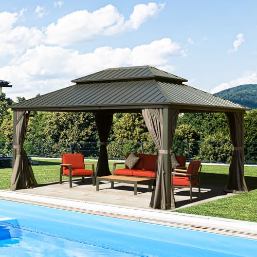 Domi Hardtop Gazebos 12x16FT, Aluminum Metal Gazebo with Galvanized Steel Double Roof Canopy, Curtain and Netting, Permanent Gazebo Pavilion for Patio, Backyard, Deck and Lawn, Grey