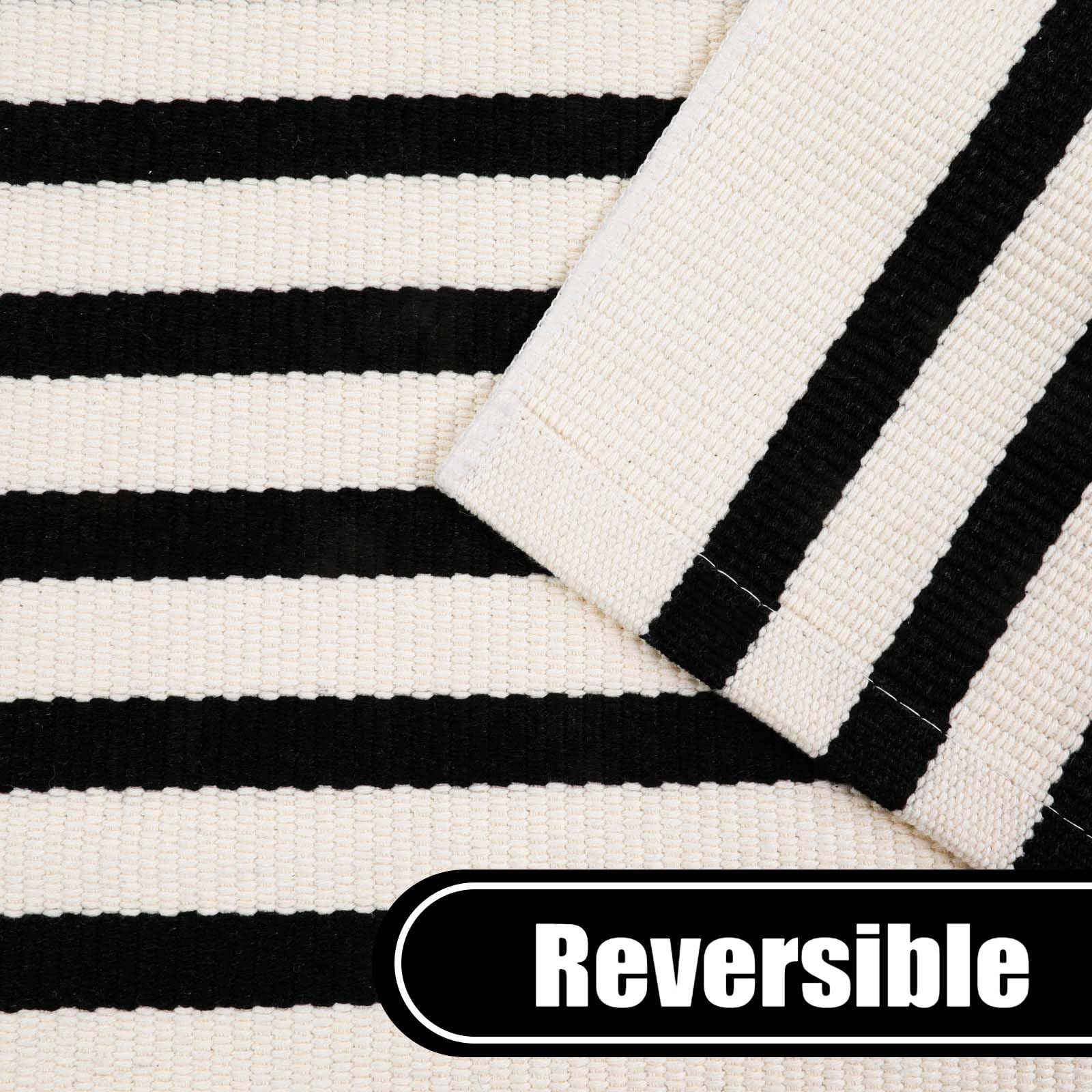 Collive Black and White Outdoor Rug,5x8ft Striped Outdoor Rug,Reversible Washable Patio Rugs,Cotton Hand Woven Indoor Area Rug Floor Carpet for Outdoor/Indoor