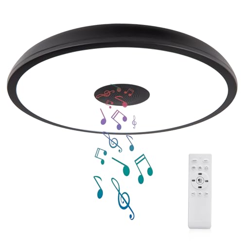 ASALL Black Waterproof LED Ceiling Light Fixture,with Bluetooth Speaker,11Inch 18W, 2700K-6500K Dimmable Music Lamp,RGB Color Changing Light with Remote Control,for Bathroom,Shower,Bedroom