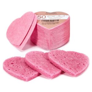 gainwell 50-count heart shape compressed facial sponges for daily facial cleansing and exfoliating, 100％ natural cosmetic spa sponges for makeup remover