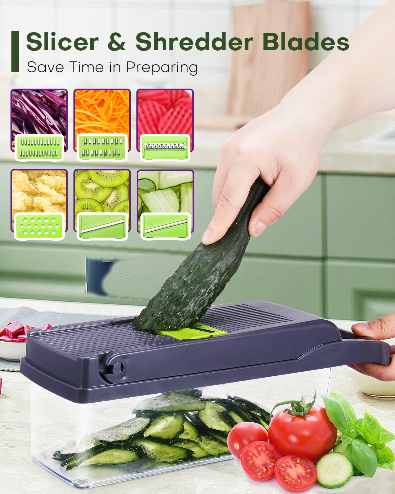 17-in-1 Vegetable Chopper with 9 Blades, Container and Drain Basket - For Veggies, Fruits, Onions, Potatoes, Carrots