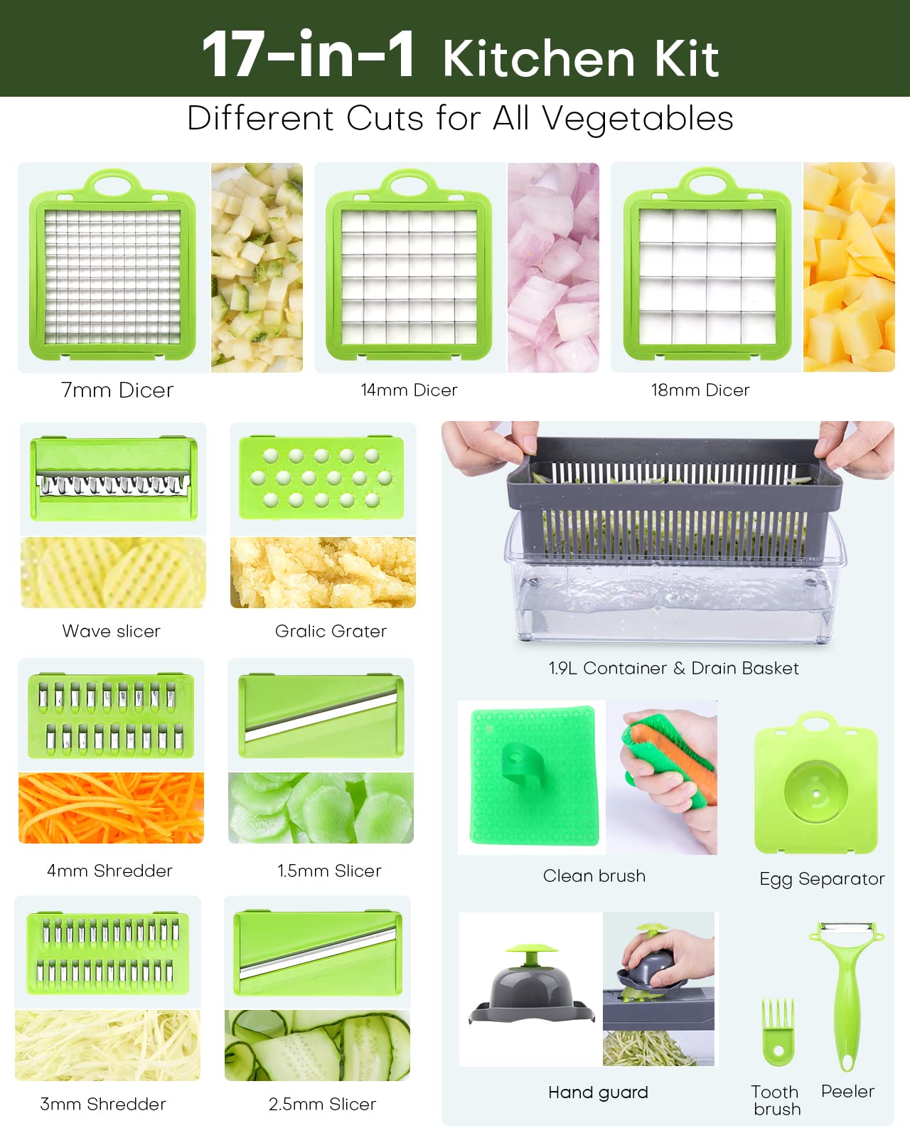 17-in-1 Vegetable Chopper with 9 Blades, Container and Drain Basket - For Veggies, Fruits, Onions, Potatoes, Carrots