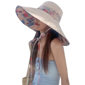 6" Extra Wide Brim Sun Hats UPF 50+ UV Protection Packable Beach Hat Strap Women (Beige)