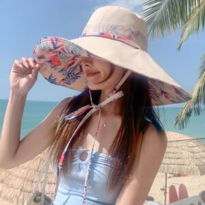 6" Extra Wide Brim Sun Hats UPF 50+ UV Protection Packable Beach Hat Strap Women (Beige)