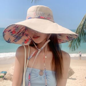 6" Extra Wide Brim Sun Hats UPF 50+ UV Protection Packable Beach Hat Strap Women (Beige)