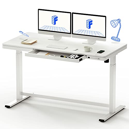 FLEXISPOT 55" White Electric Standing Desk with Drawers, Quick Assembly Home Office Sit Stand Desk with Storage, USB Charging, Computer Desk for Home Office (White Top + Adjustable Frame, Comhar)