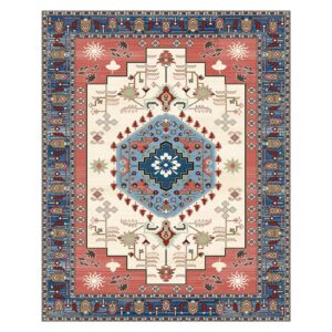 CHOSHOME Washable Rug 8x10 Vintage Boho Medallion Area Rugs with Non-Slip Backing Soft Stain Resistant Non-Shedding Low-Pile Floor Carpet Mat for Living Room Bedroom Kitchen Home Office,Red