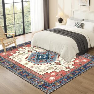 CHOSHOME Washable Rug 8x10 Vintage Boho Medallion Area Rugs with Non-Slip Backing Soft Stain Resistant Non-Shedding Low-Pile Floor Carpet Mat for Living Room Bedroom Kitchen Home Office,Red