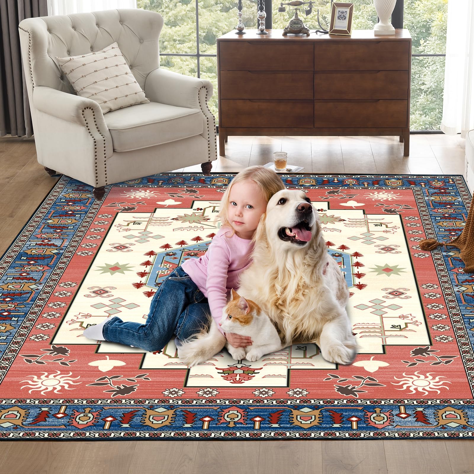 CHOSHOME Washable Rug 8x10 Vintage Boho Medallion Area Rugs with Non-Slip Backing Soft Stain Resistant Non-Shedding Low-Pile Floor Carpet Mat for Living Room Bedroom Kitchen Home Office,Red