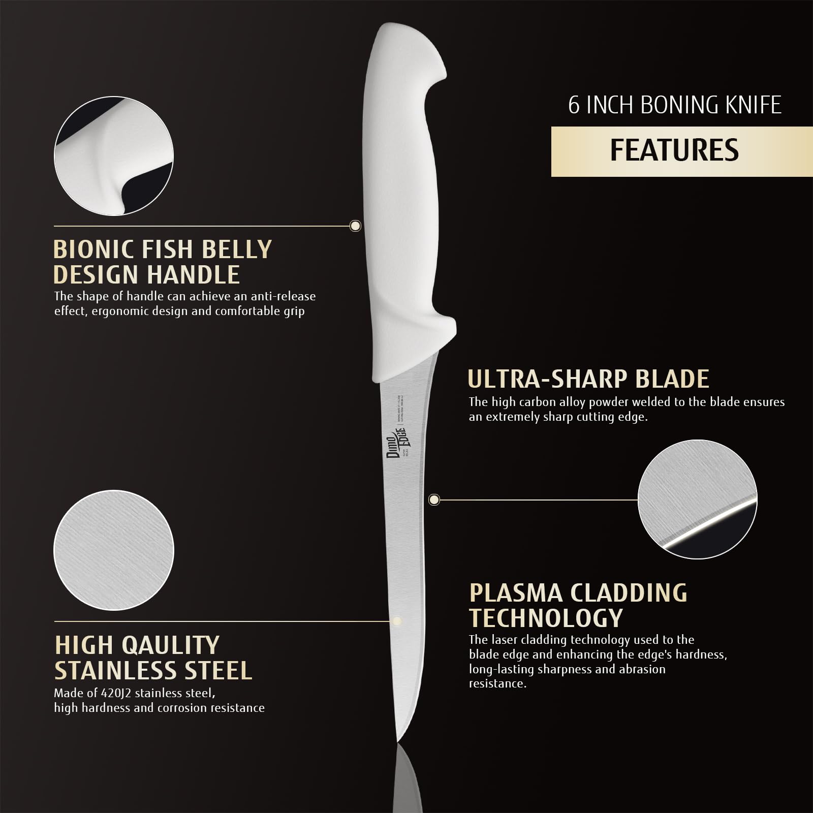 dimoedge 6 inch Professional Boning Knife, Super Sharp Deboning Knife with Ergonomic Handle(White)