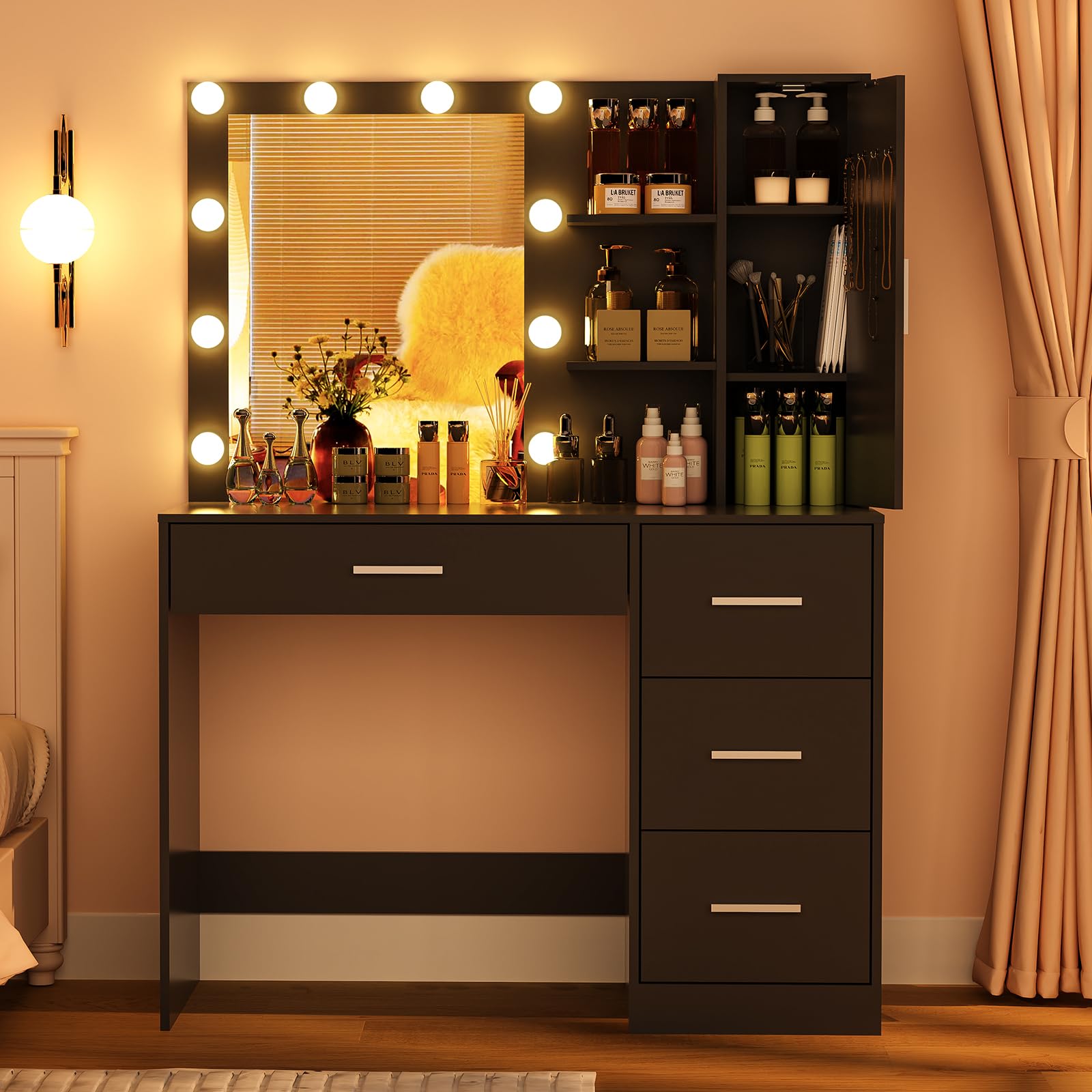 usikey Makeup Vanity with Lights, Vanity Desk with Mirror and 10 LED Lights, Vanity Table Set with 4 Drawers, Cabinet & 4 Necklace Hooks, Dressing Table for Bedroom, Black