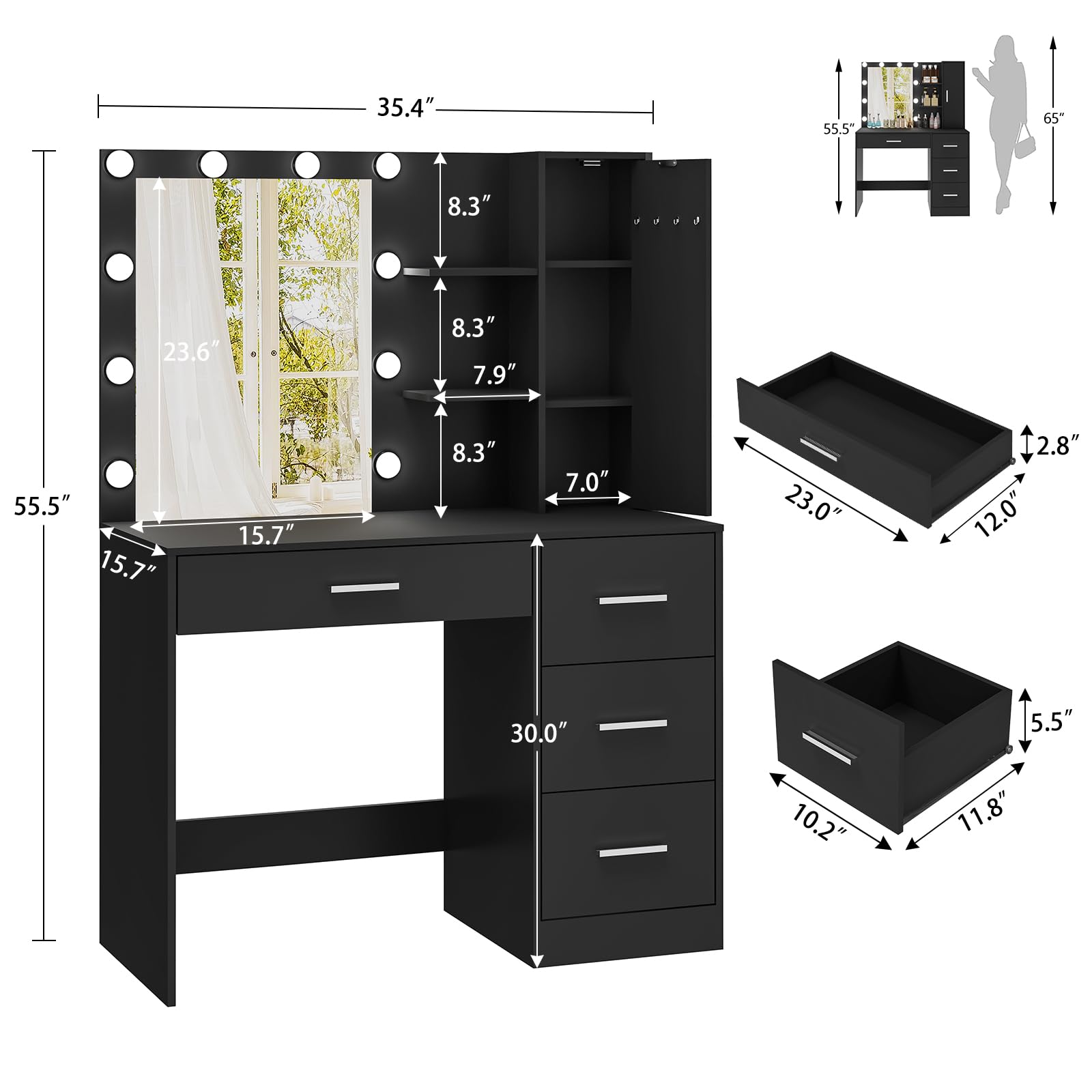 usikey Makeup Vanity with Lights, Vanity Desk with Mirror and 10 LED Lights, Vanity Table Set with 4 Drawers, Cabinet & 4 Necklace Hooks, Dressing Table for Bedroom, Black