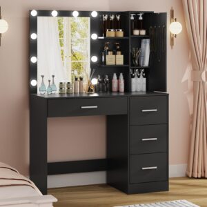 usikey Makeup Vanity with Lights, Vanity Desk with Mirror and 10 LED Lights, Vanity Table Set with 4 Drawers, Cabinet & 4 Necklace Hooks, Dressing Table for Bedroom, Black