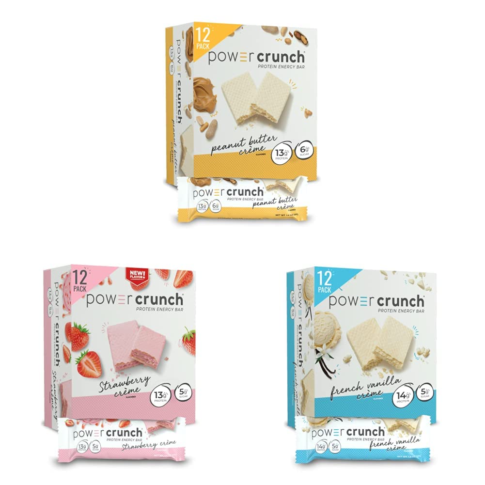 Power Crunch Protein Wafer Bars, Peanut Butter Crème, 1.4 Ounce & Protein Wafer Bars, Strawberry Crème, 1.4 Ounce & Protein Wafer Bars, French Vanilla Creme, 1.4 Ounce