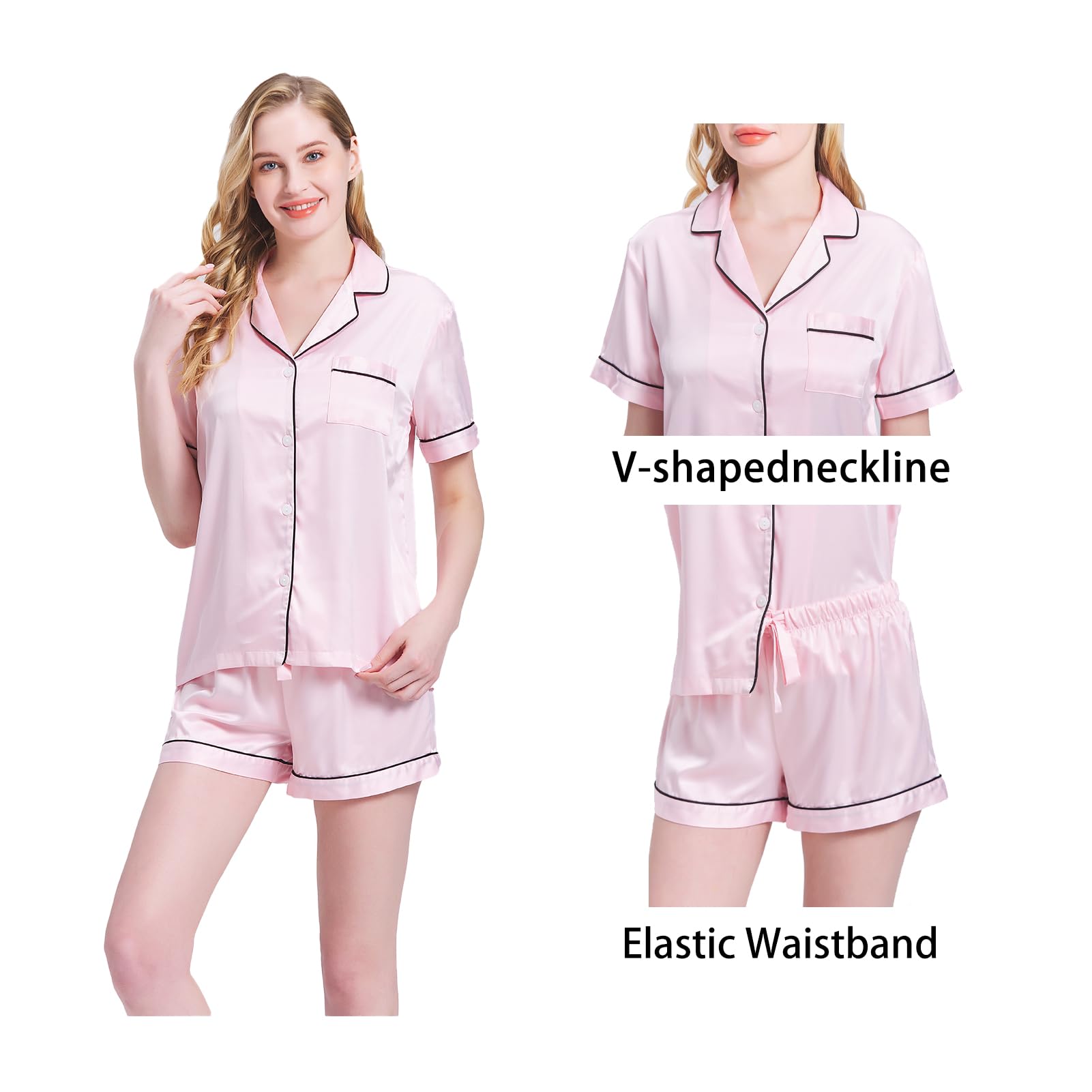 Pure as a lotus Women Sleepwear Sets Silk Pajamas Set Loungewear Button-Down Two-piece Pj Sets Shorts Nightwear Set Pink