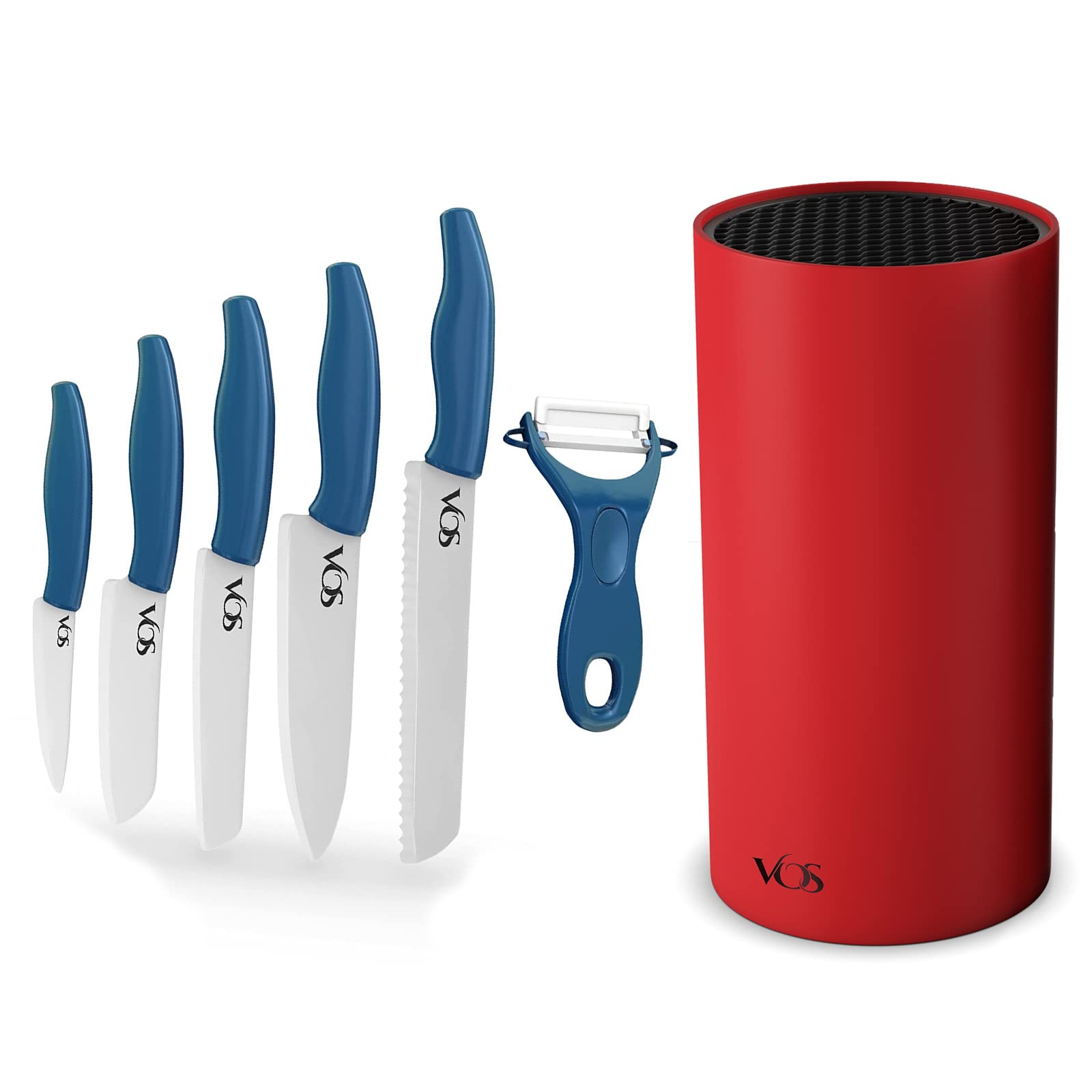 Vos Universal Knife Block and Ceramic Kitchen Knives With Peeler, Ceramic Paring Knife 4", 5", 6", 7", 8" Inch Blue