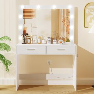 usikey Vanity Desk with Large Lighted Mirror, Makeup Vanity with 10 Lights, 2 Drawers & Power Strip, Vanity Desk Set, Dressing Vanity Tables for Women Girls, Bedroom, White