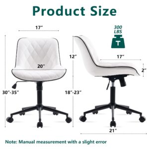 YOUNUOKE Comfortable Desk Chair, Home Office Chairs with Wheels, Armless Samll Comfy Vanity Chairs, PU Leather Computer Task Work Desk Chairs, White