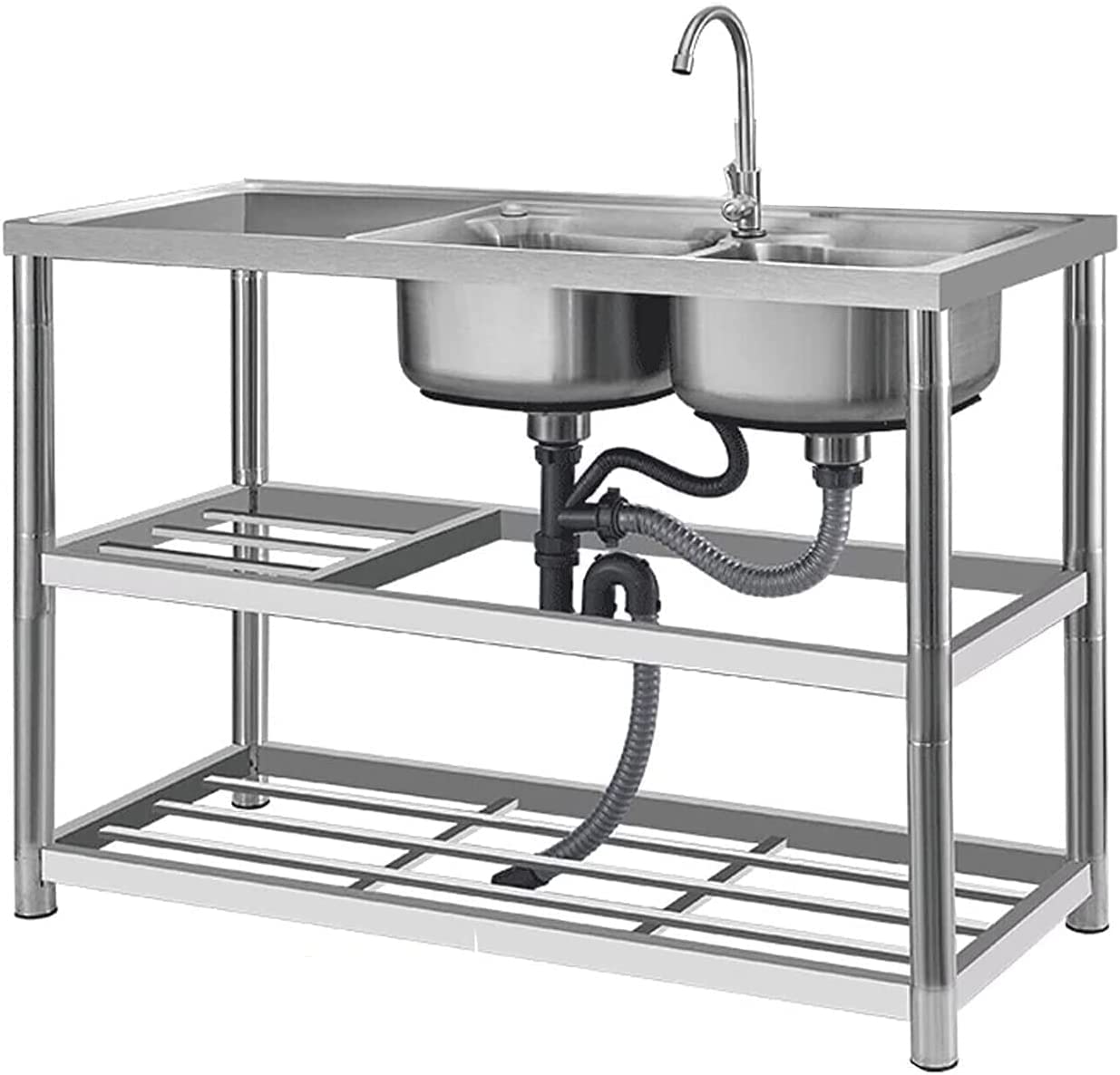 Double Bowl Kitchen Sink Set, Free Standing Double Bowl Kitchen Sinks Utility Restaurant Kitchen Sink for Restaurant, Kitchen, Garage