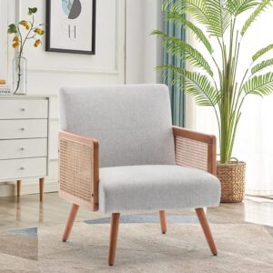 shineboom accent chair with rattan arms, upholstered mid century modern chair for bedroom living room reading chairs rattan armchair, linen comfy lounge chairs side chair, beige