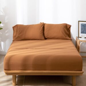 MooMee Bedding Sheet Set 100% Washed Cotton Linen Like Textured Breathable Durable Soft Comfy (Dark Orange, Queen)