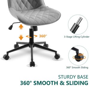 YOUNUOKE Comfortable Desk Chair, Home Office Chairs with Wheels, Armless Samll Comfy Vanity Chairs, PU Leather Computer Task Work Desk Chairs, Gery