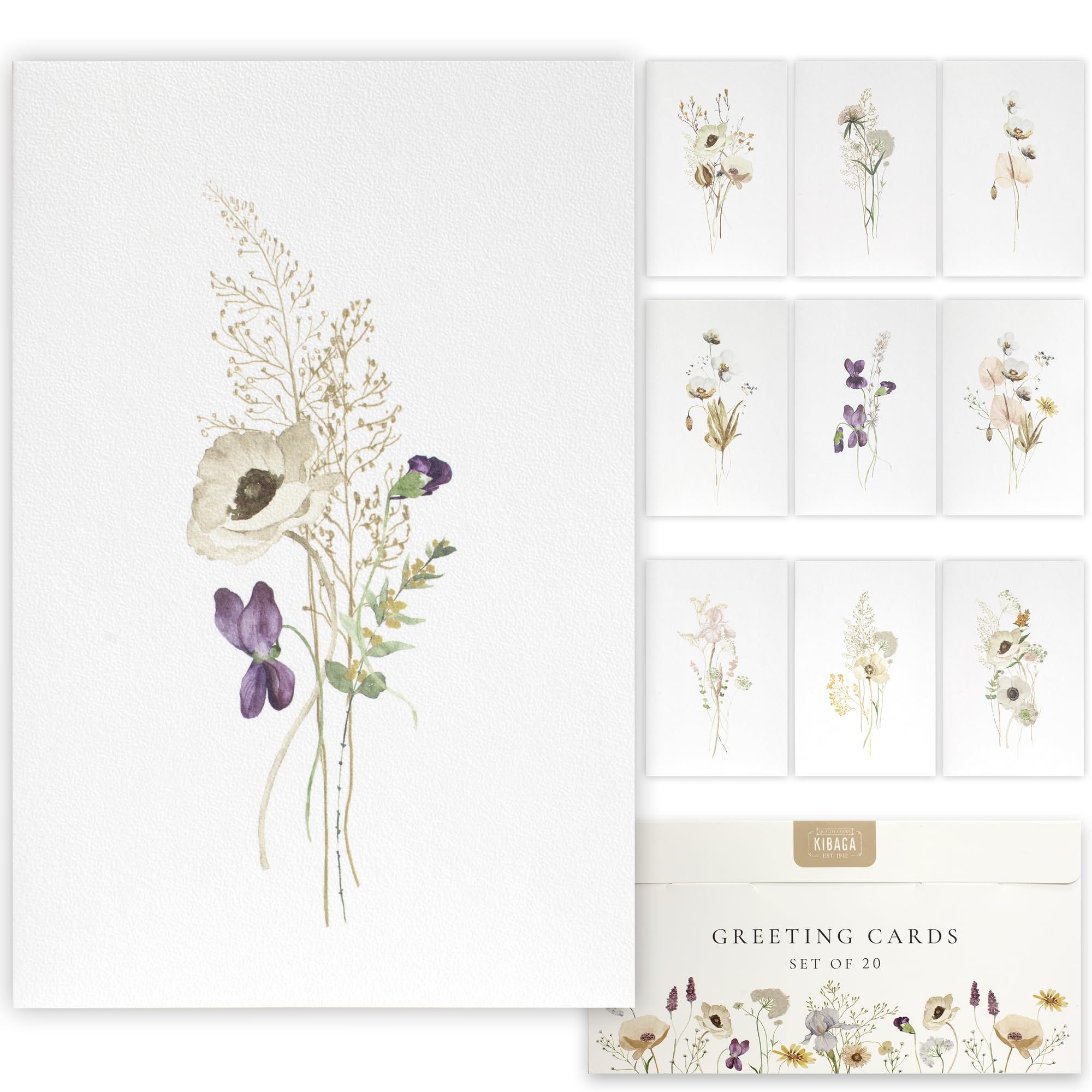 KIBAGA Beautiful Greetings Cards Set of 20 with Envelopes & Stickers - Tasteful Assorted Get Well Blank Note Cards 4x6 in Flower Artwork Design - Perfect Stationary Set For All Occasions