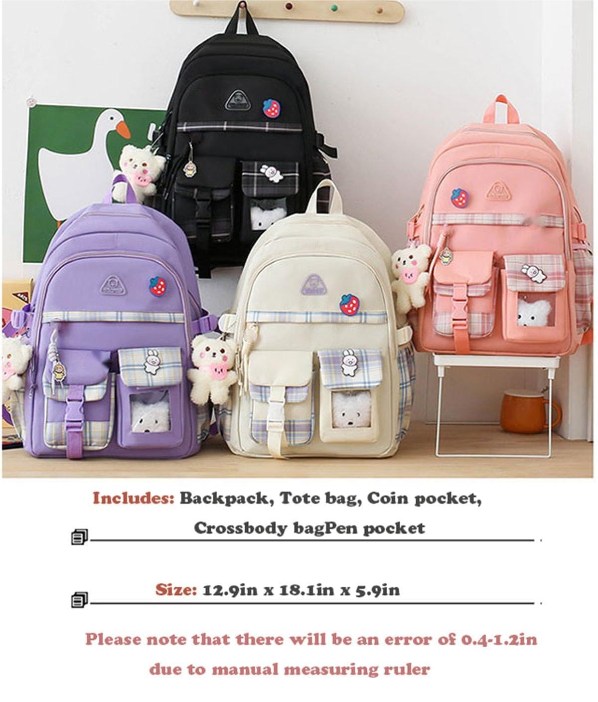 LsdgFriday Kawaii Backpack Set 5Pcs Canvas Plaid School Bag with Cute Pendants Pins Accessories for Teen Girls Aesthetic Backpack Shoulder Tote Bags Daypack for Back To School